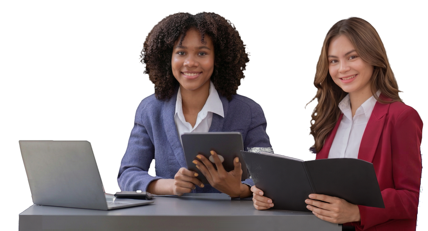 Two smiling consultants reviewing a tablet and reports together at a desk