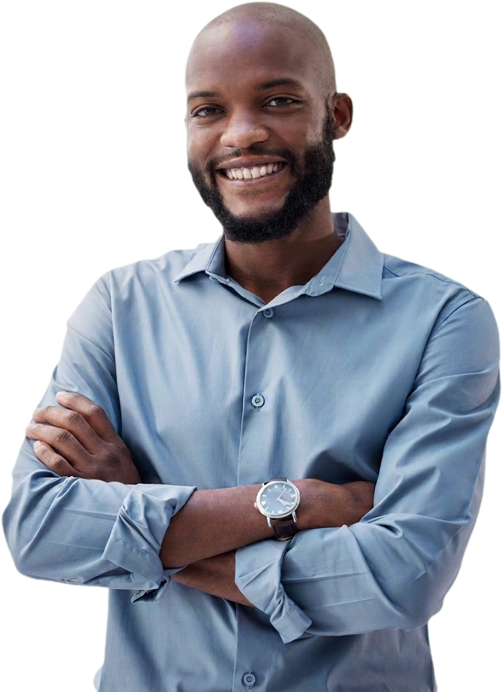 Smiling leader in a blue shirt with arms crossed
