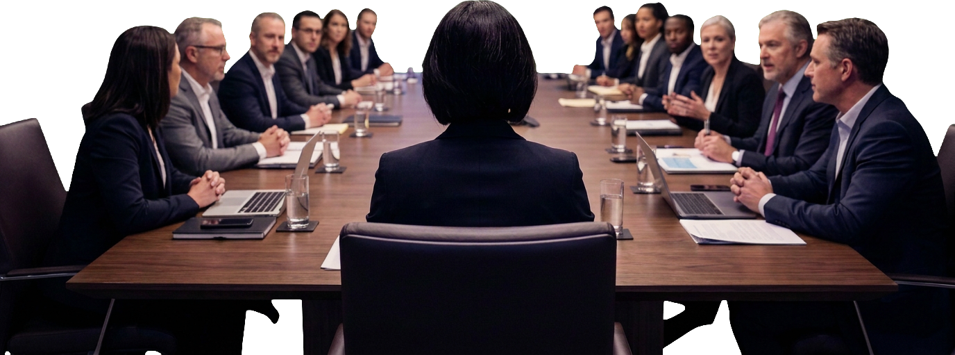 A leader seated at the head of a long boardroom table, facing a team of executives with laptops